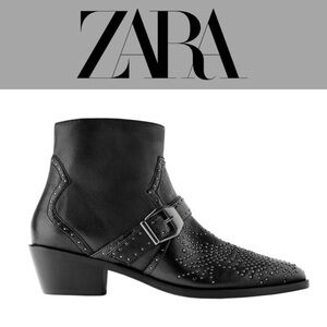 Zara Western Black Leather Micro Stud Ankle Boots